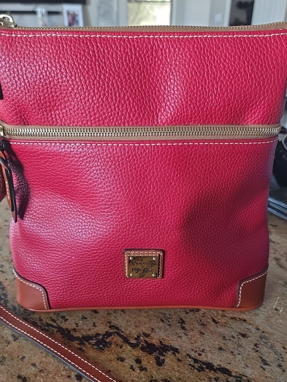 Dooney & Bourke Carnation Red Pebble Leather Crossbody with Brown Trim